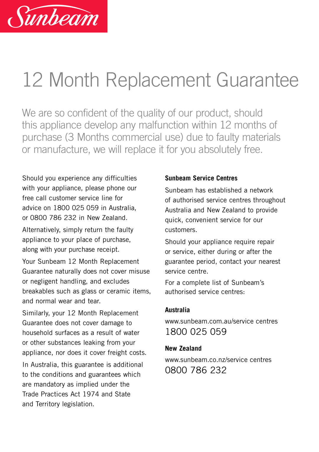 Sunbeam IS6800 manual Month Replacement Guarantee, 1800 025, 0800, Sunbeam Service Centres, Australia, New Zealand 