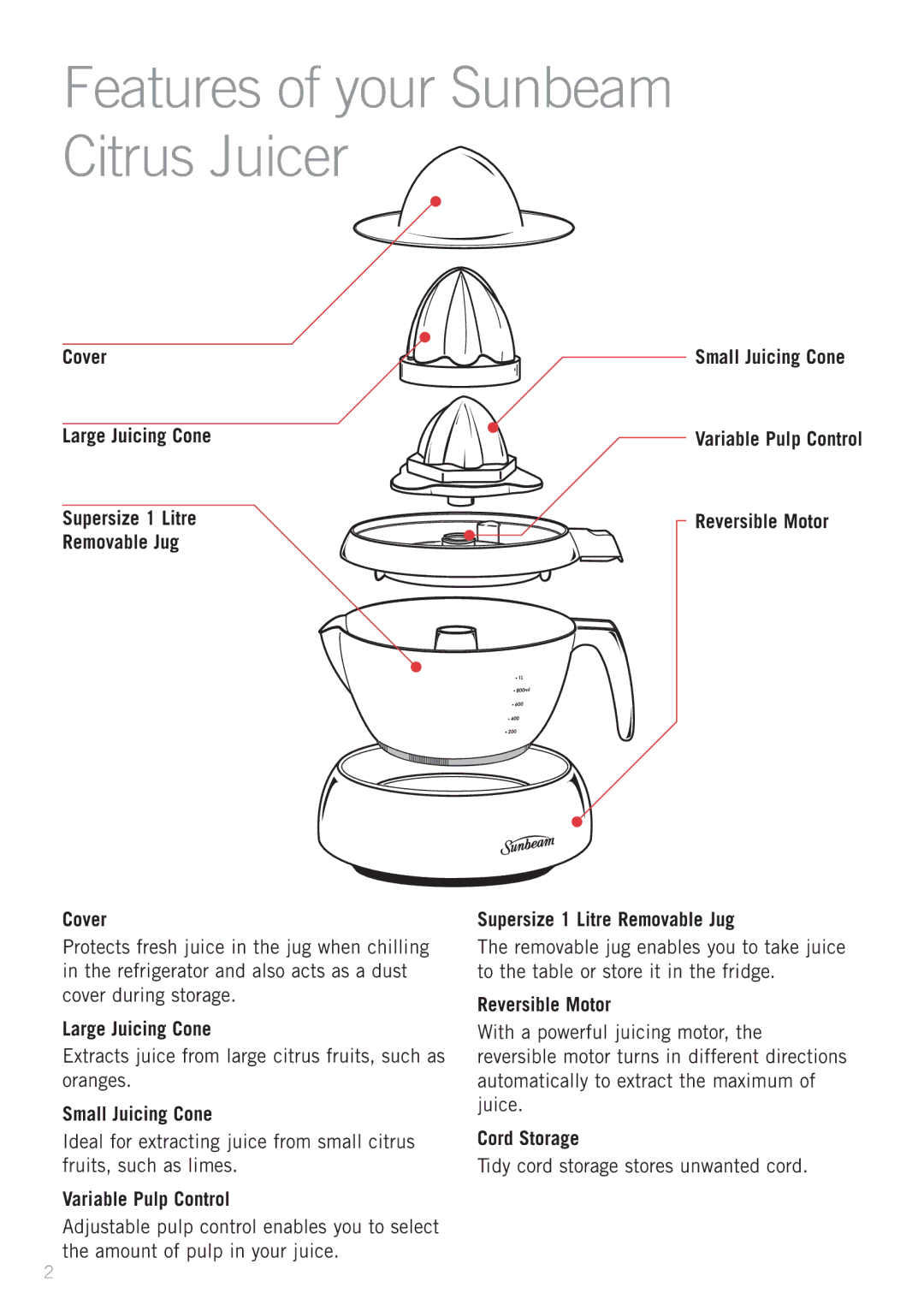 Sunbeam JE2600 manual Large Juicing Cone, Supersize 1 Litre Reversible Motor Removable Jug Cover, Small Juicing Cone 