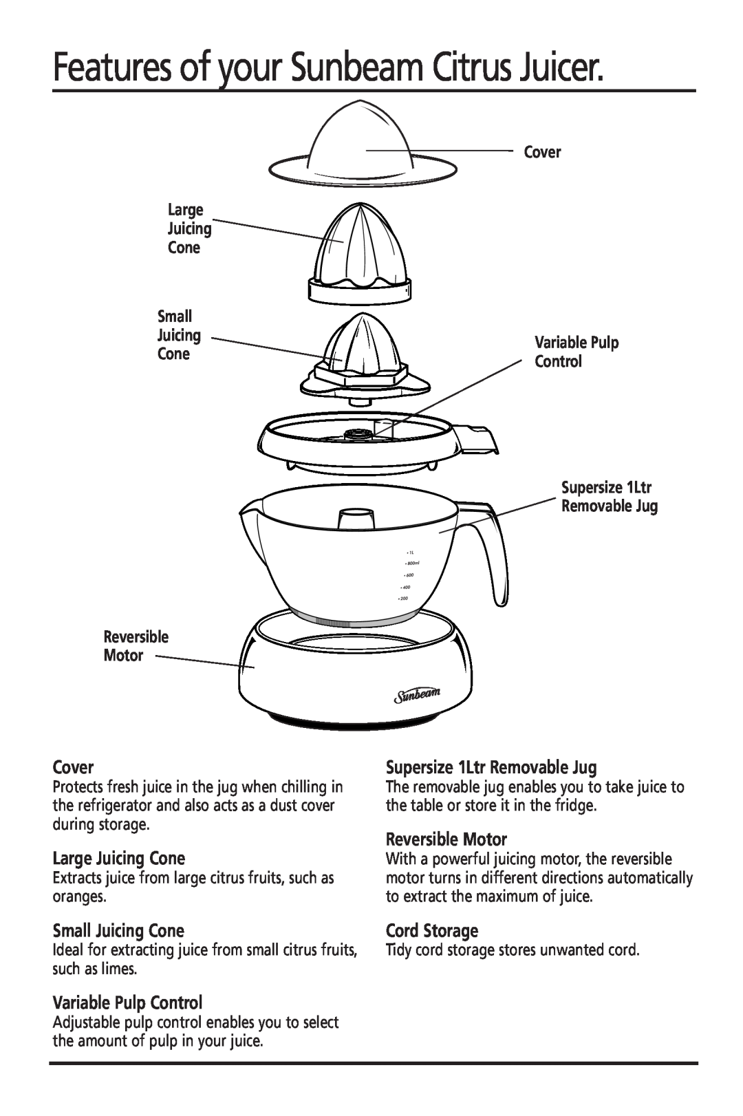 Sunbeam JE2600 Features of your Sunbeam Citrus Juicer, Cover, Large Juicing Cone, Reversible Motor, Small Juicing Cone 