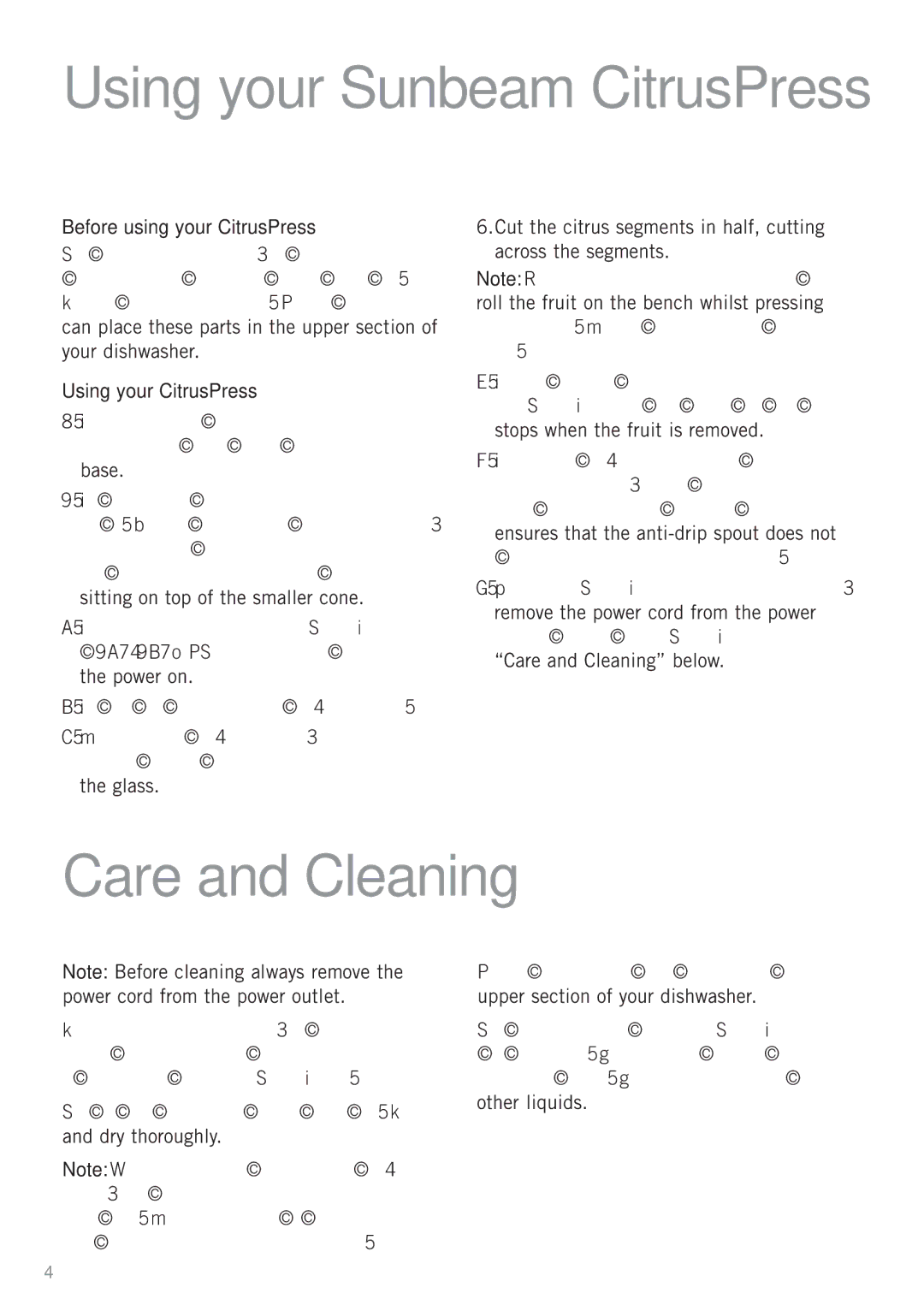 Sunbeam JE2700 manual Using your Sunbeam CitrusPress, Before using your CitrusPress, Care and Cleaning below 