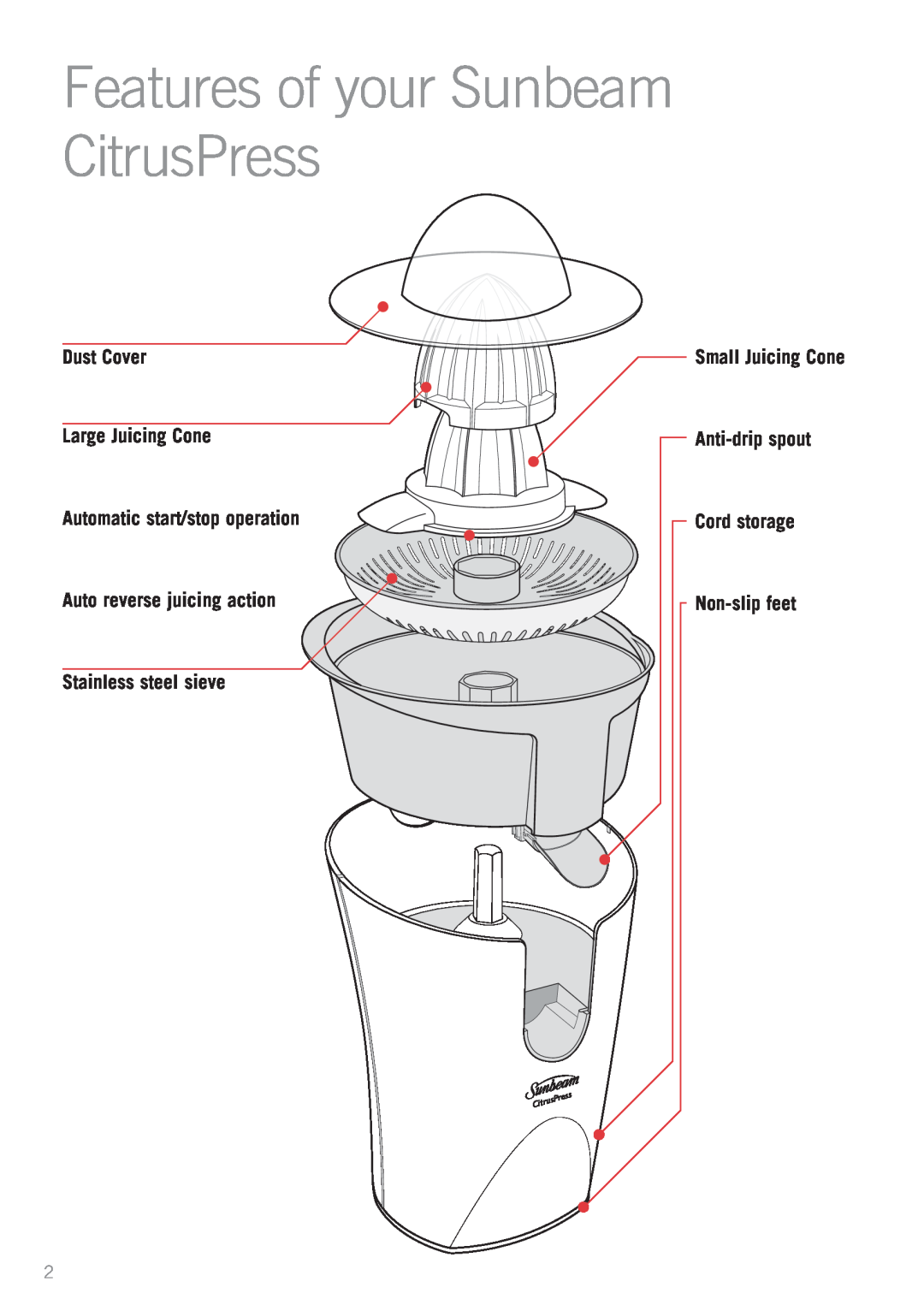 Sunbeam JE2700 manual Features of your Sunbeam CitrusPress, Dust Cover, Large Juicing Cone, Anti-drip spout, Cord storage 