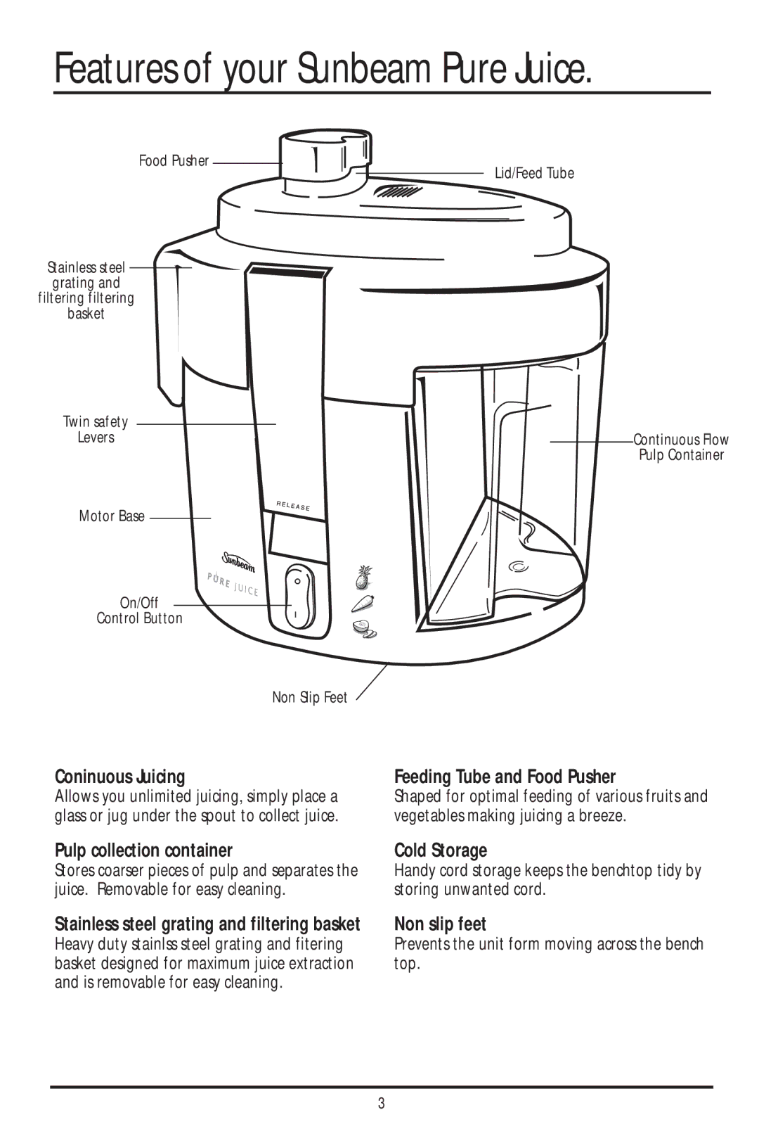 Sunbeam JE4700 manual Prevents the unit form moving across the bench top, Stainless steel grating and filtering basket 