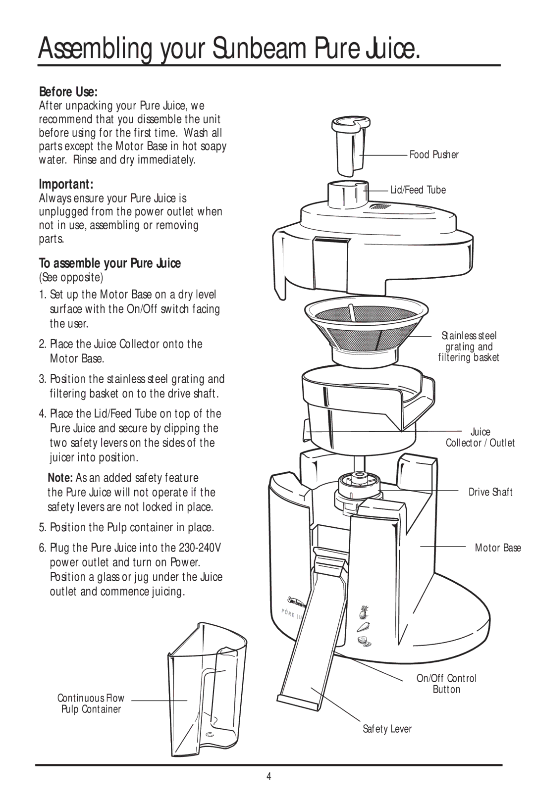 Sunbeam JE4700 manual Assembling your Sunbeam Pure Juice, Position the Pulp container in place 