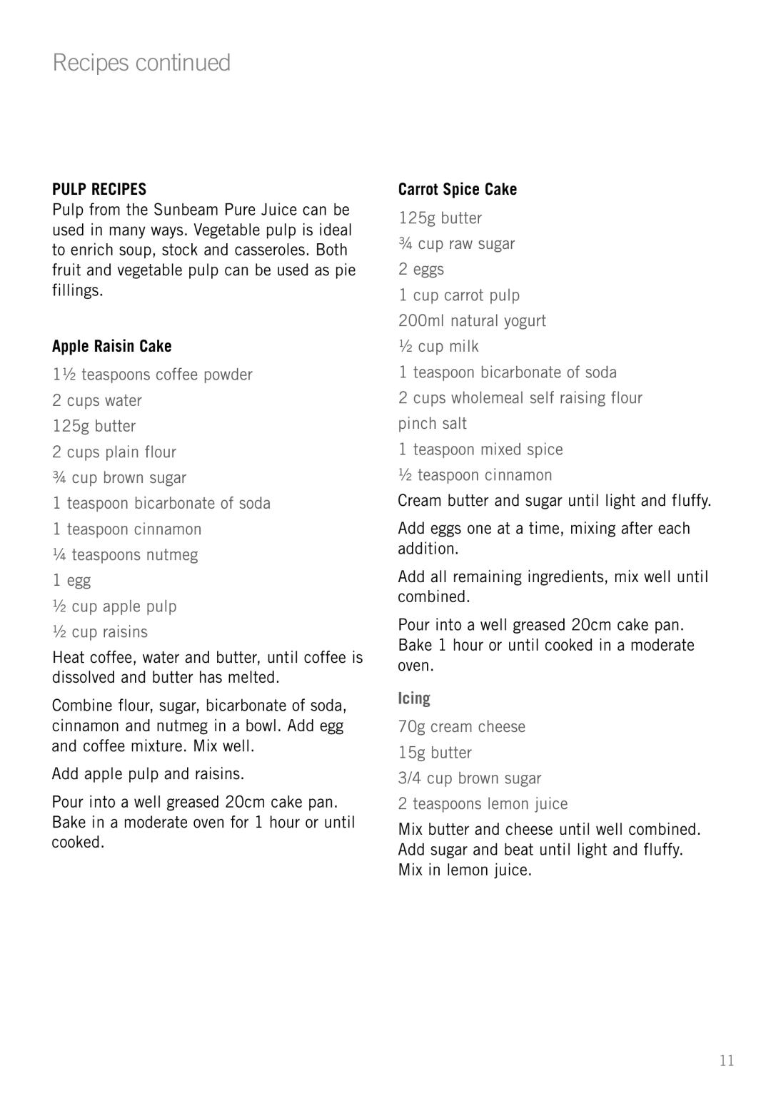 Sunbeam JE4700 manual Pulp Recipes, Apple Raisin Cake, Carrot Spice Cake, Recipes continued, Icing 