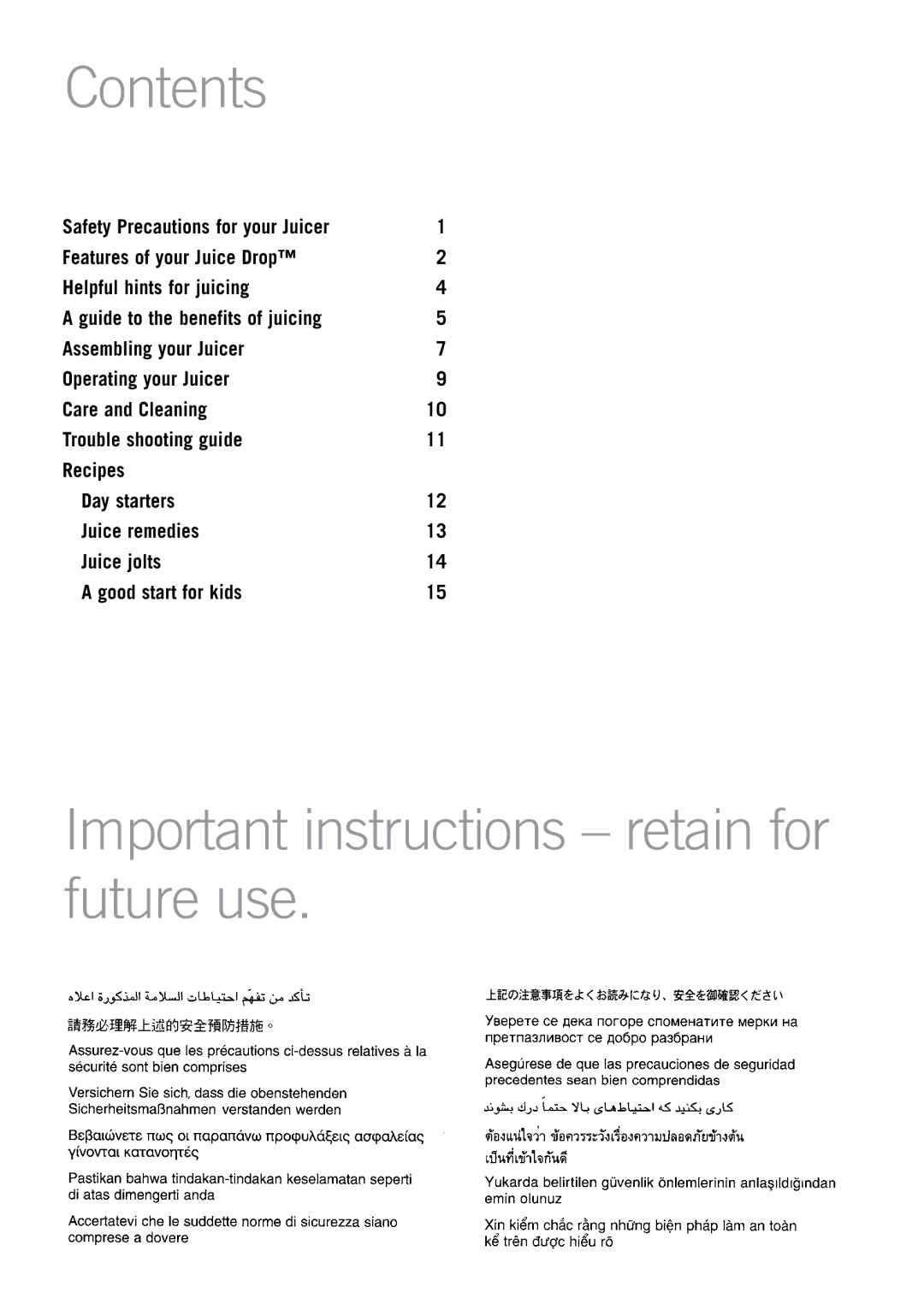 Sunbeam JE4800 manual Contents, Important instructions retain for future use 