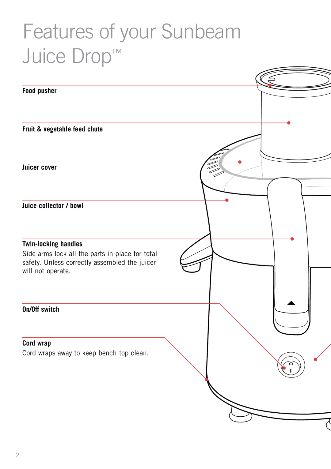 Sunbeam JE4800 manual Features of your Sunbeam Juice Drop, On/Off switch Cord wrap 