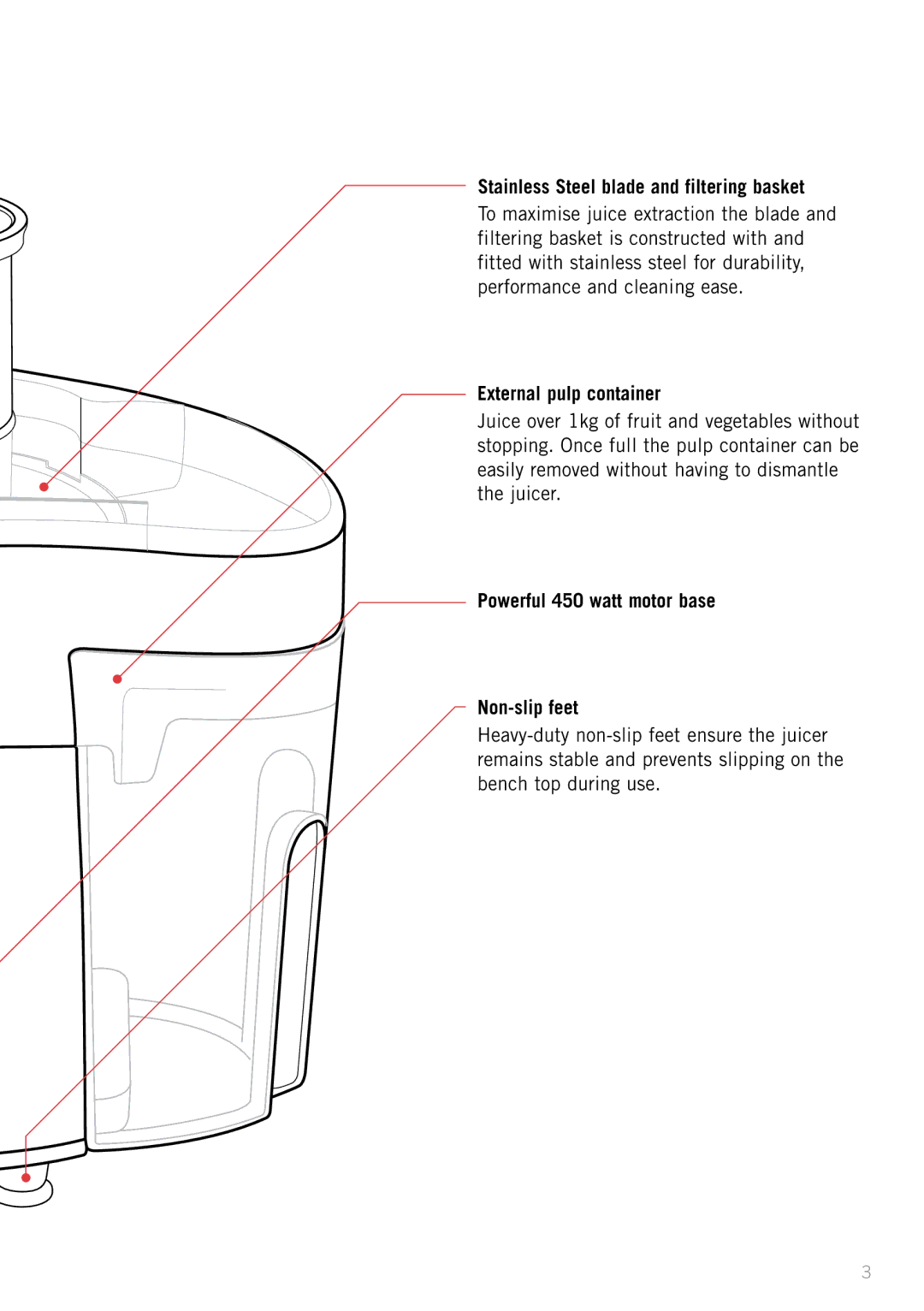 Sunbeam JE4800 manual Stainless Steel blade and filtering basket, External pulp container 