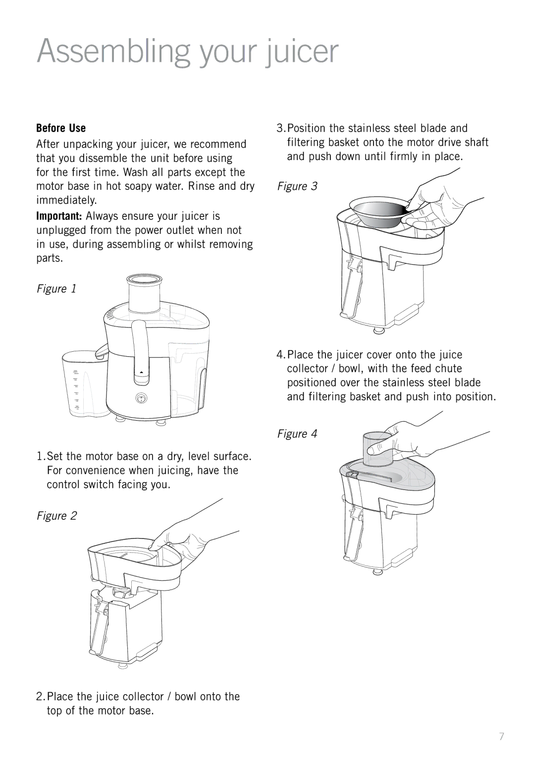 Sunbeam JE4800 manual Assembling your juicer, Before Use 