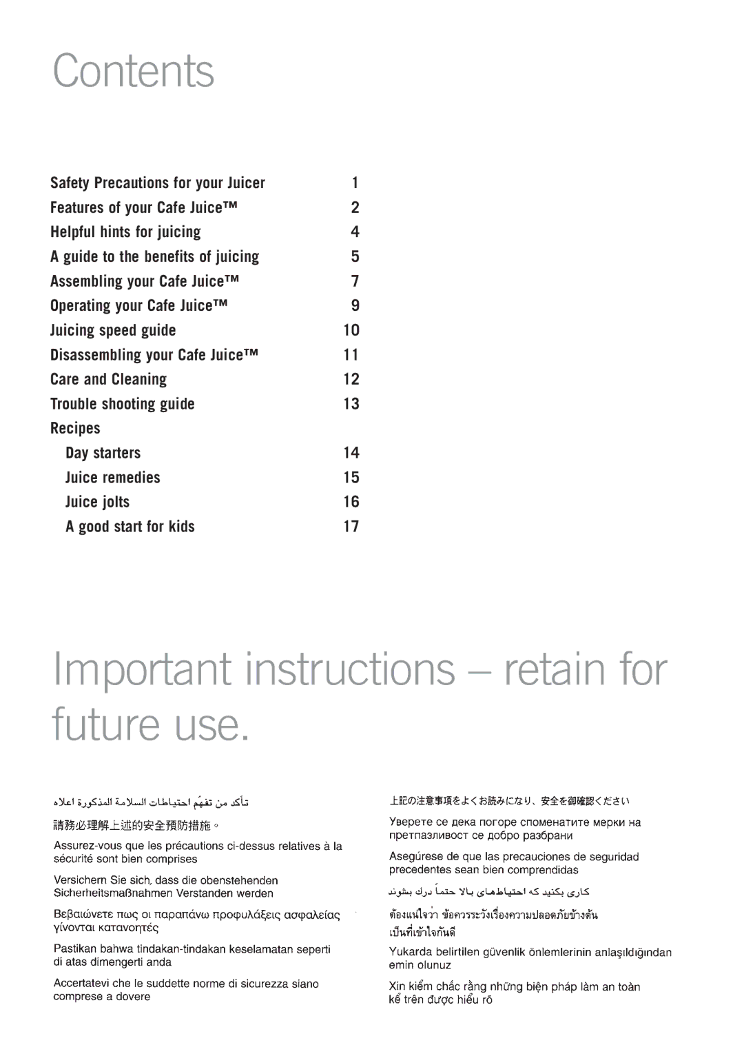 Sunbeam JE7600 manual Contents, Important instructions retain for future use 