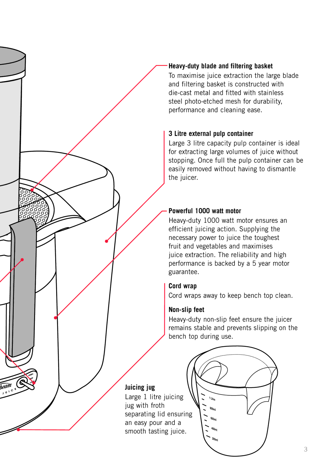 Sunbeam JE7600 Heavy-duty blade and filtering basket, Litre external pulp container, Powerful 1000 watt motor, Cord wrap 