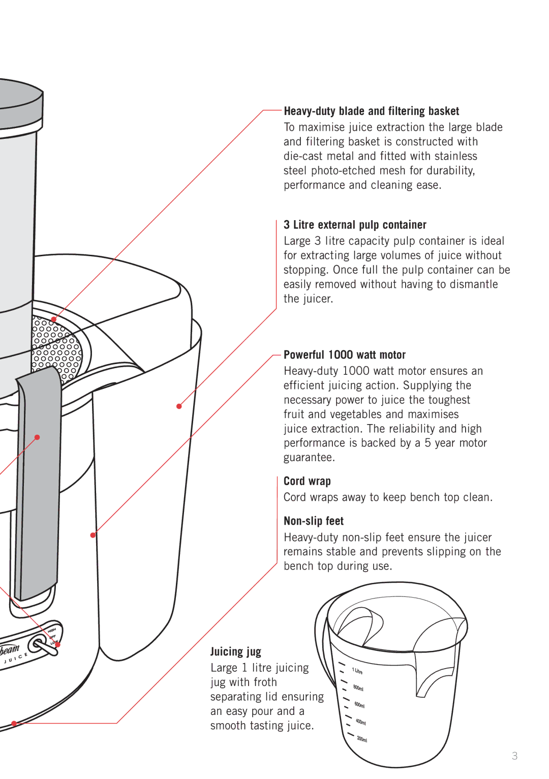 Sunbeam JE7600 Heavy-duty blade and filtering basket, Litre external pulp container, Powerful 1000 watt motor, Cord wrap 