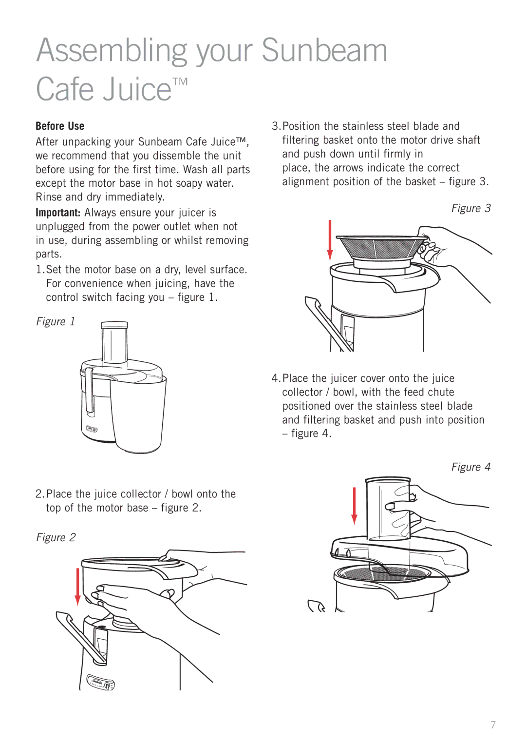 Sunbeam JE7600 manual Assembling your Sunbeam Cafe Juice, Before Use 