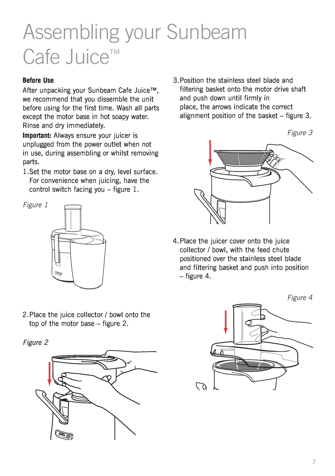 Sunbeam JE7600 manual Assembling your Sunbeam Cafe Juice, Before Use 