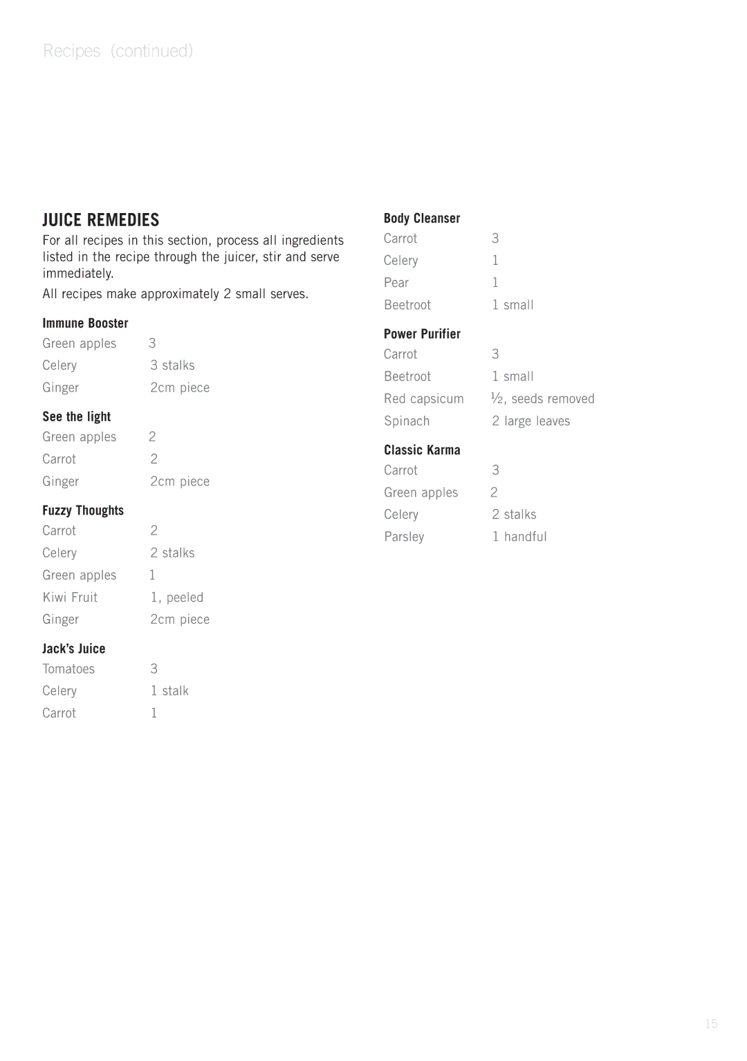 Sunbeam JE8600 manual Juice Remedies 