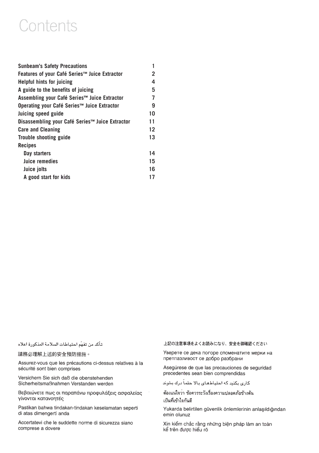 Sunbeam JE8600 manual Contents 