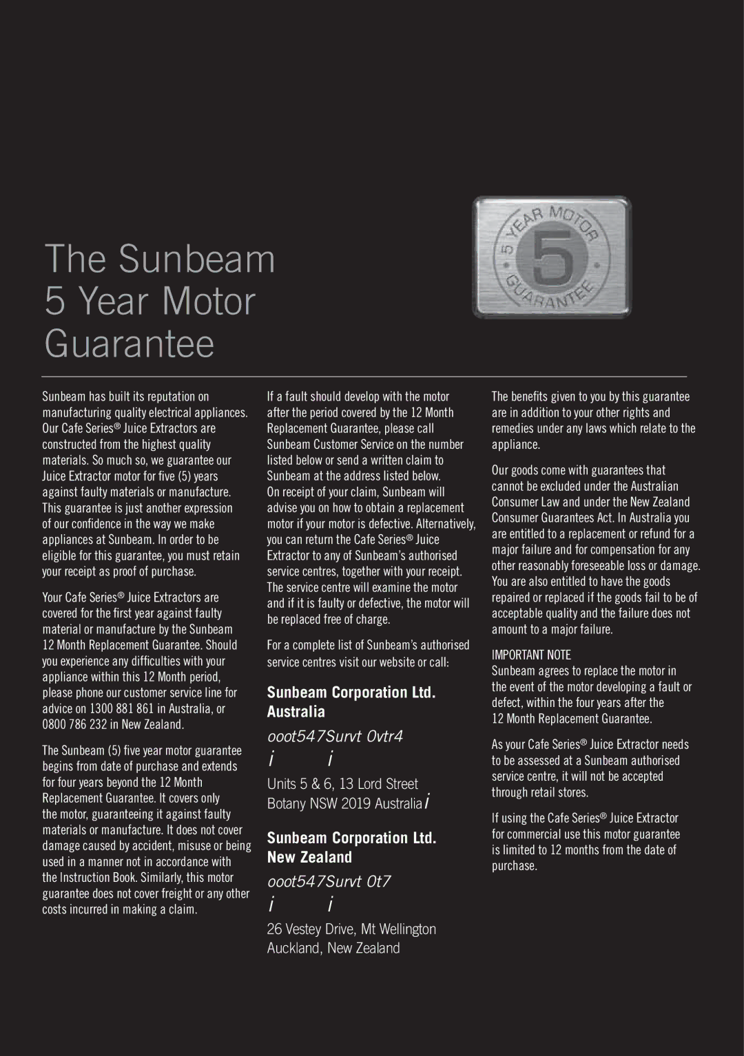 Sunbeam JE8600 manual Sunbeam Year Motor Guarantee 