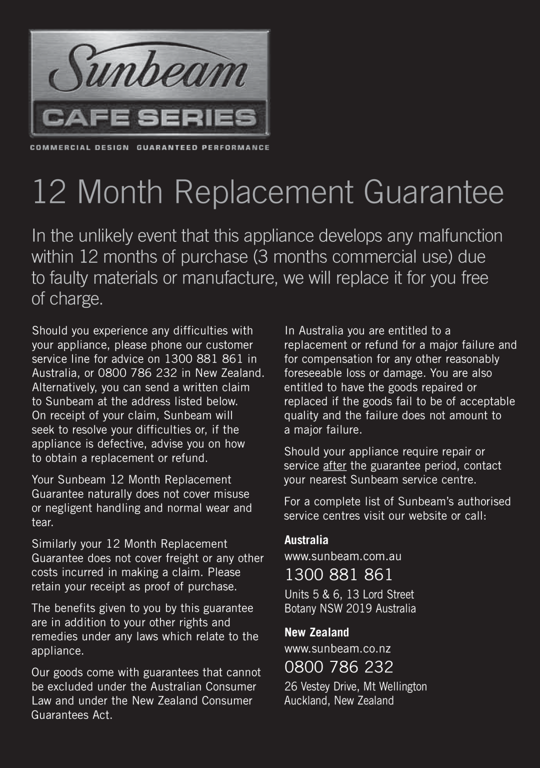 Sunbeam JE8600 manual Month Replacement Guarantee, 1300 881, 0800 786, Australia, New Zealand 