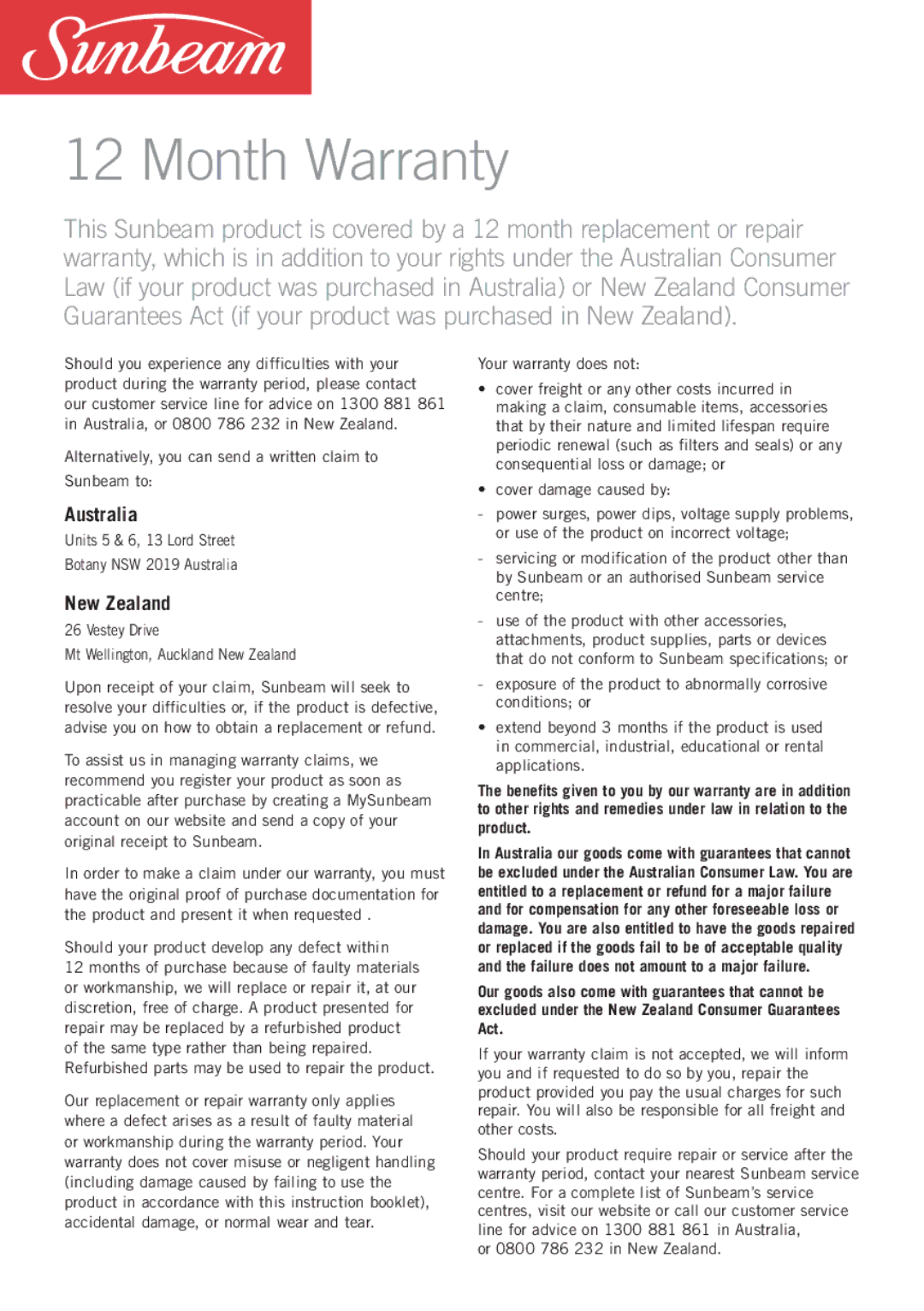 Sunbeam JE9000 manual Month Warranty, Australia, New Zealand 