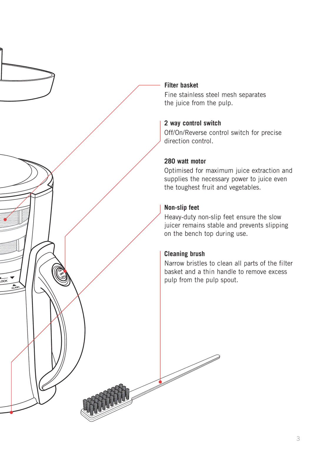 Sunbeam JE9000 manual Filter basket, Way control switch, Watt motor, Non-slip feet, Cleaning brush 