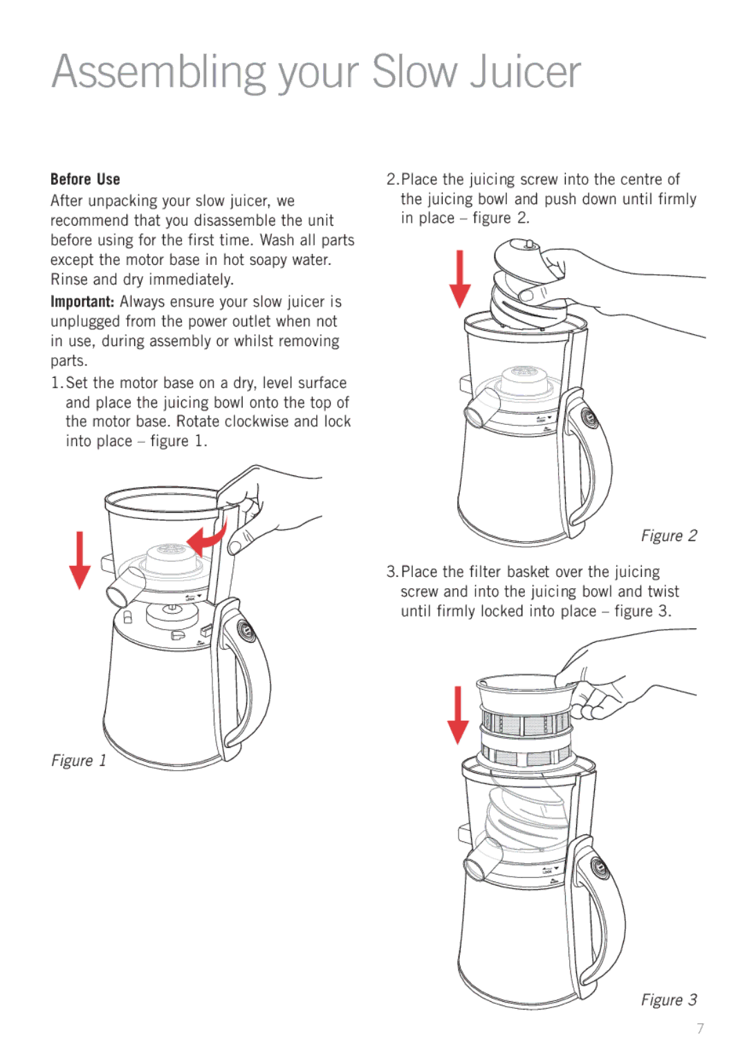 Sunbeam JE9000 manual Assembling your Slow Juicer, Before Use 