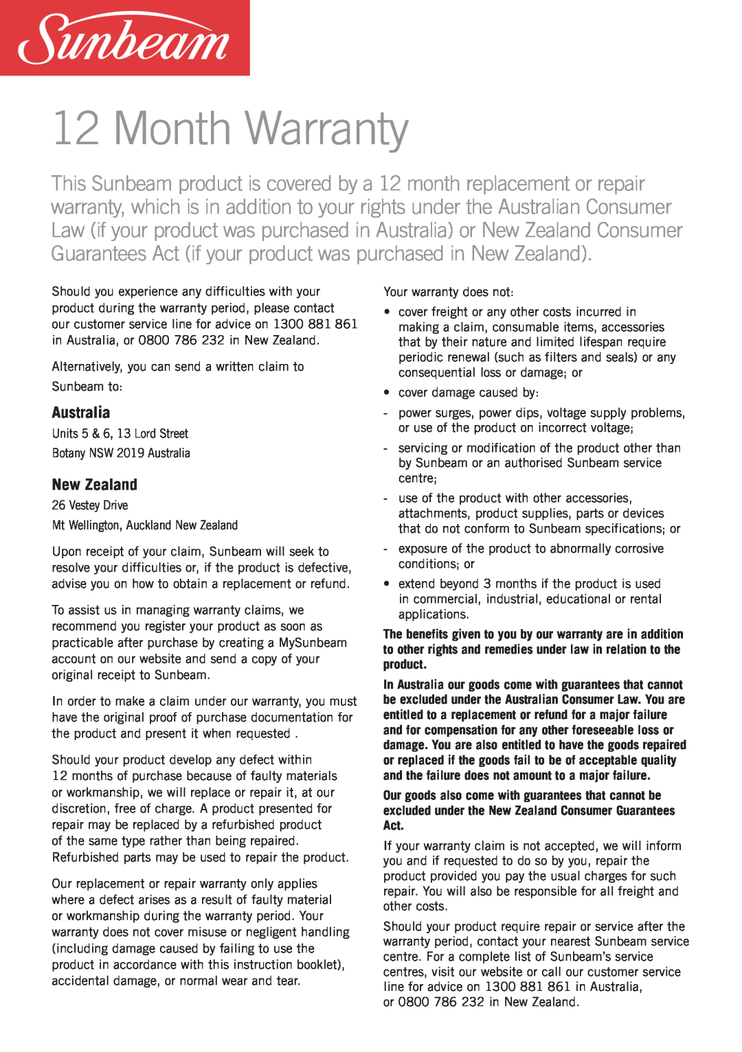 Sunbeam JE9000 manual Month Warranty, Australia, New Zealand 