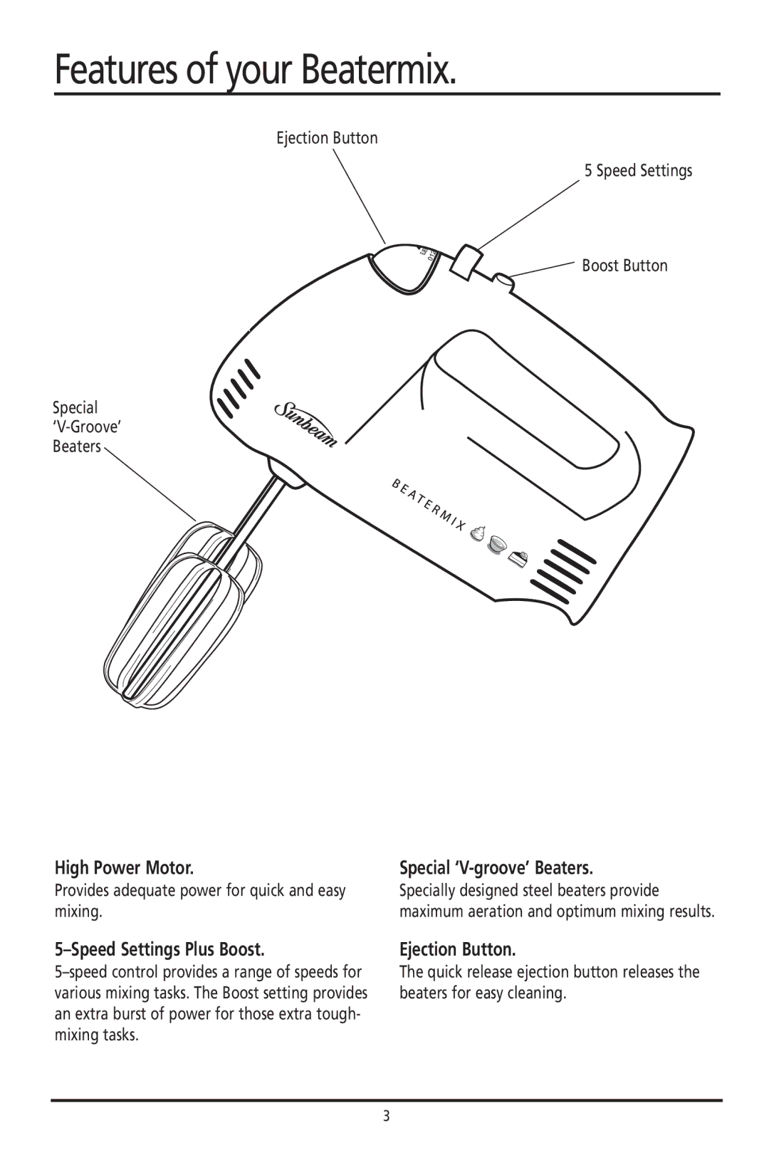 Sunbeam JM3200 manual Features of your Beatermix, High Power Motor, Special ‘V-groove’ Beaters, Speed Settings Plus Boost 