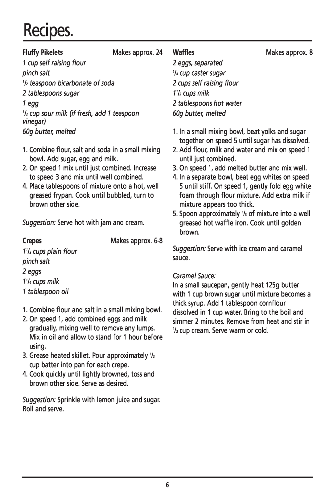 Sunbeam JM3200 manual Recipes, Fluffy Pikelets, cup self raising flour pinch salt 1/2 teaspoon bicarbonate of soda, Crepes 