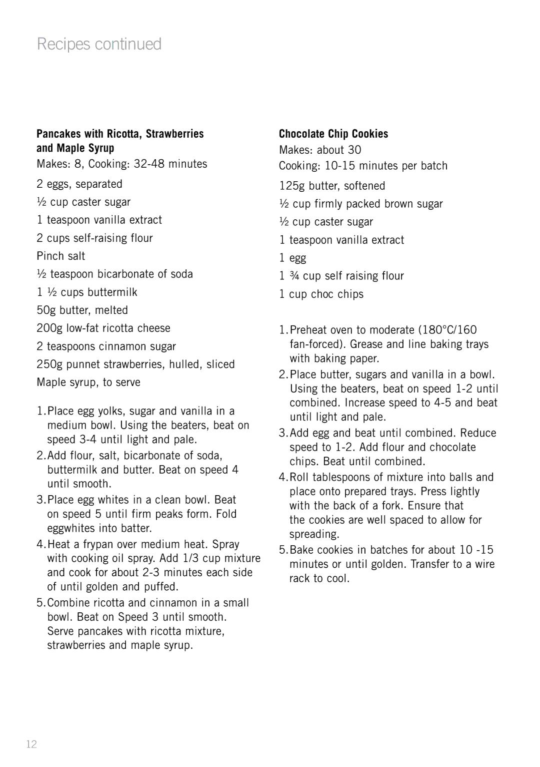 Sunbeam JM3250 manual Pancakes with Ricotta, Strawberries and Maple Syrup, Chocolate Chip Cookies 