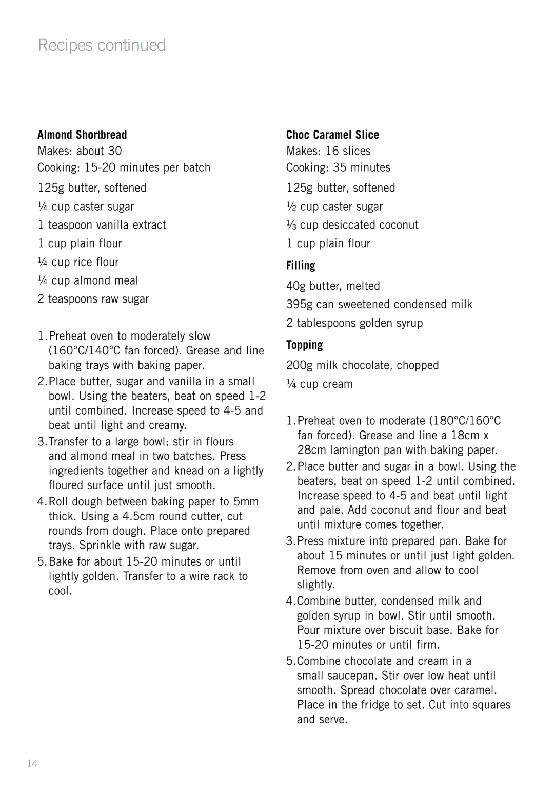 Sunbeam JM3250 manual Almond Shortbread, Choc Caramel Slice, Filling, Topping 