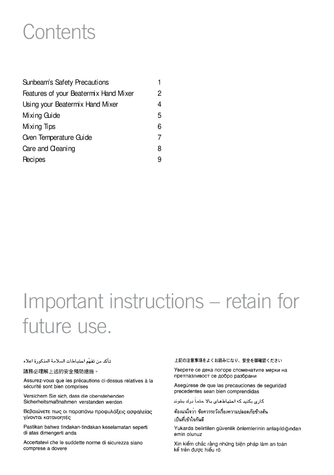 Sunbeam JM3250 manual Contents, Important instructions retain for future use 