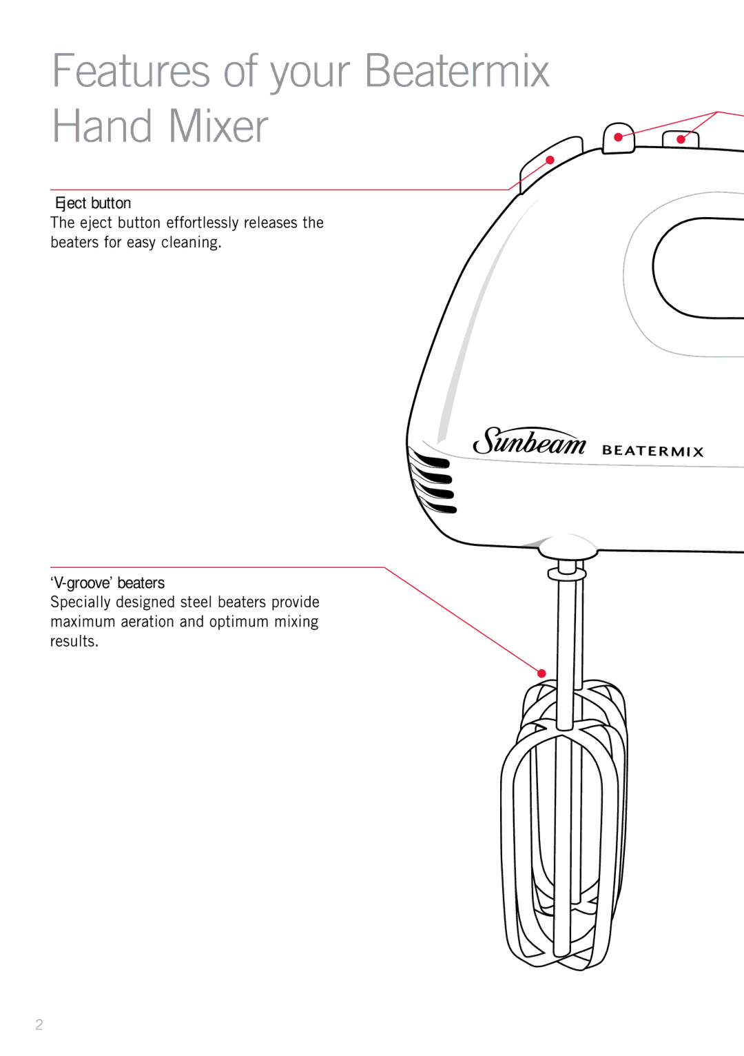 Sunbeam JM3250 manual Features of your Beatermix Hand Mixer, Eject button, ‘V-groove’ beaters 