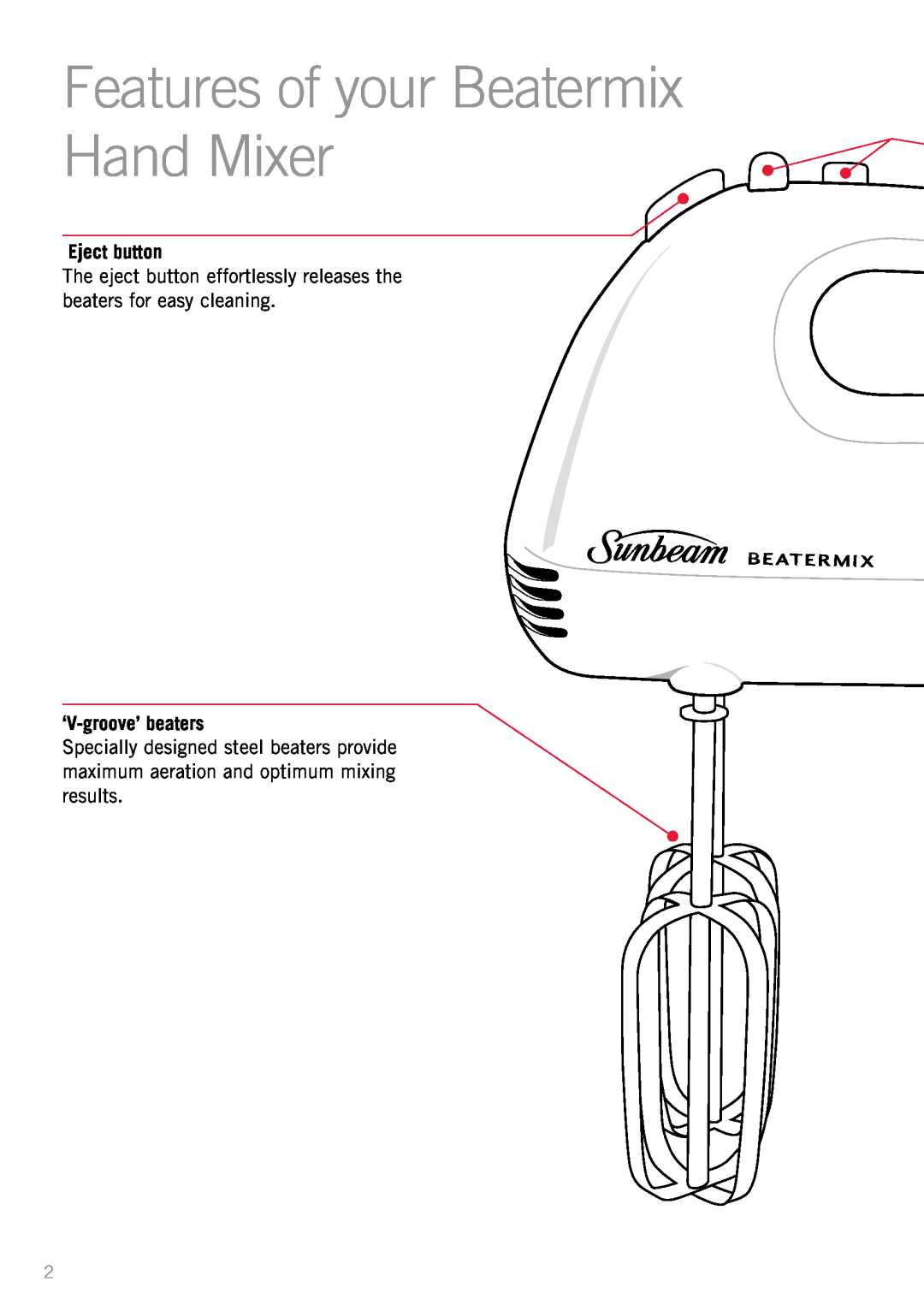 Sunbeam JM3250 manual Features of your Beatermix Hand Mixer, Eject button, ‘V-groove’ beaters 