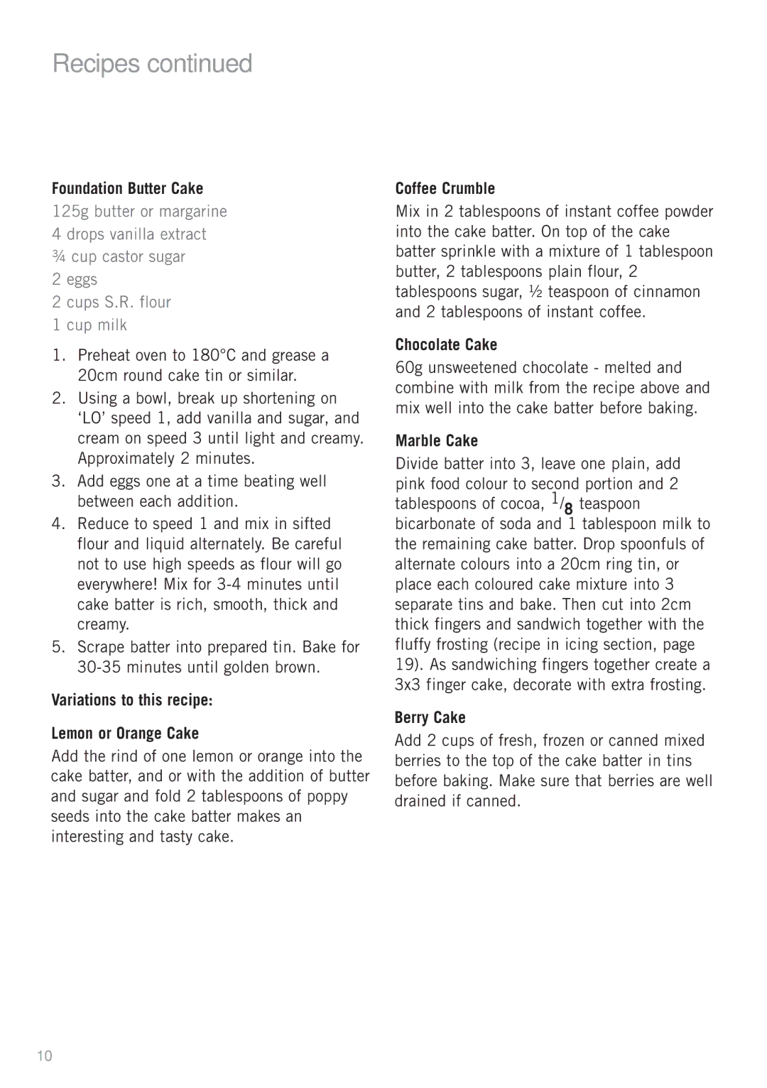 Sunbeam JM5900 Foundation Butter Cake, Variations to this recipe Lemon or Orange Cake, Coffee Crumble, Chocolate Cake 