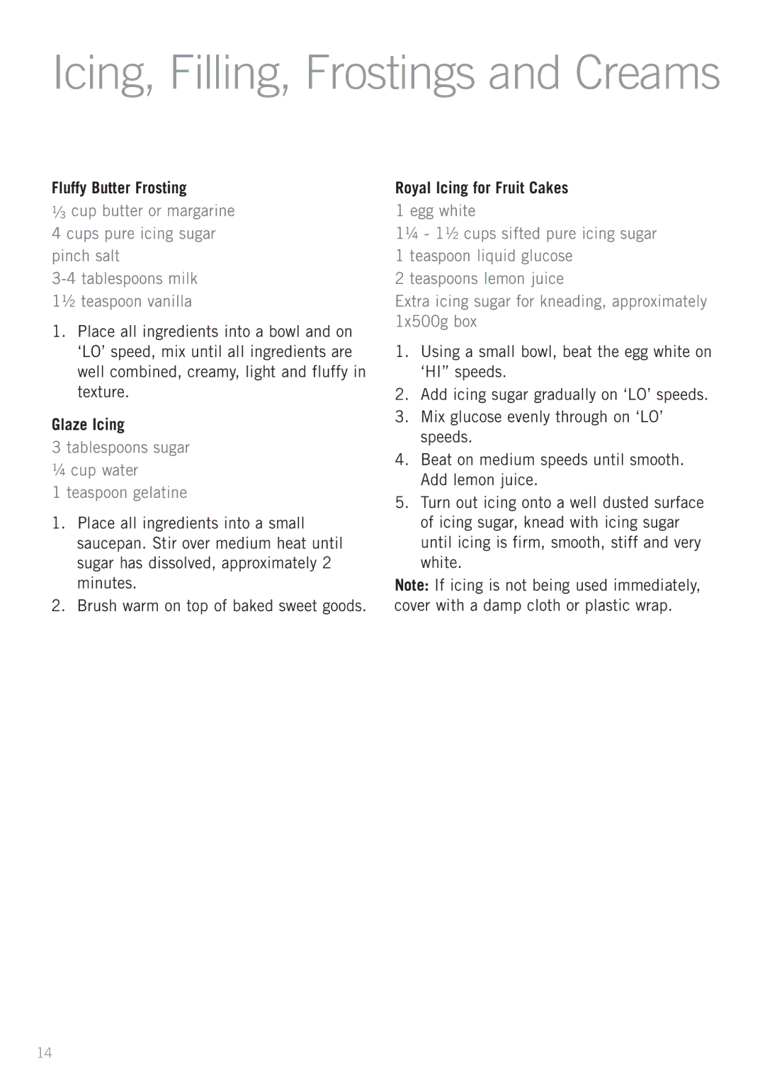 Sunbeam JM5900 manual Icing, Filling, Frostings and Creams, Royal Icing for Fruit Cakes 