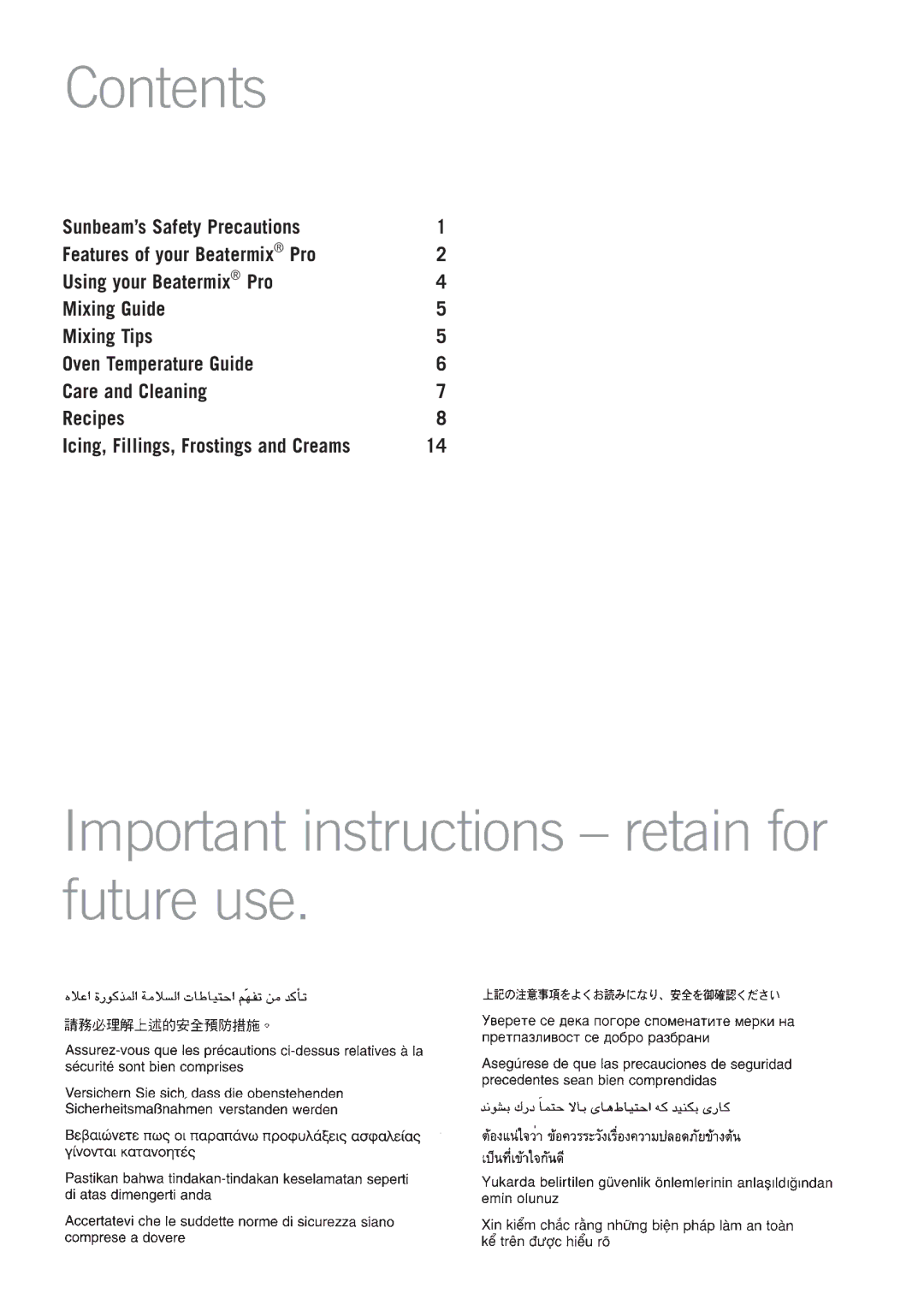 Sunbeam JM5900 manual Contents, Important instructions retain for future use 