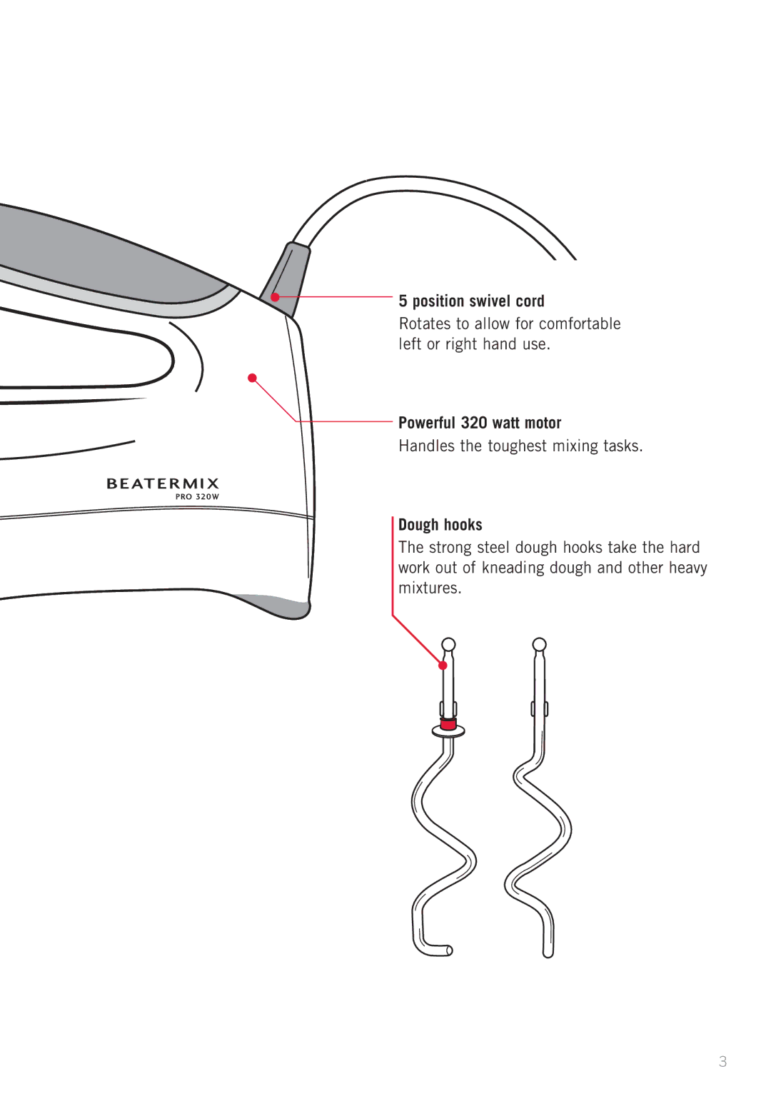 Sunbeam JM5900 manual Position swivel cord, Powerful 320 watt motor, Handles the toughest mixing tasks, Dough hooks 