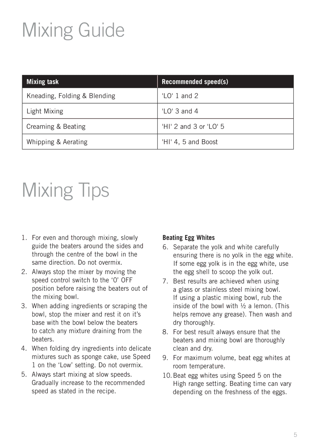 Sunbeam JM5900 manual Mixing Guide, Mixing Tips, Beating Egg Whites 