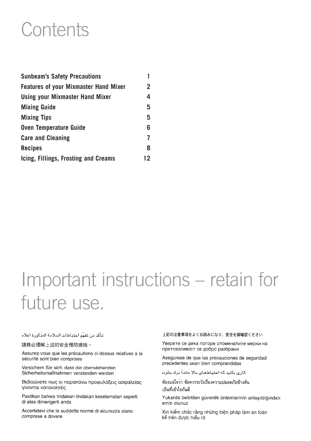 Sunbeam JM6600 manual Contents, Important instructions retain for future use 