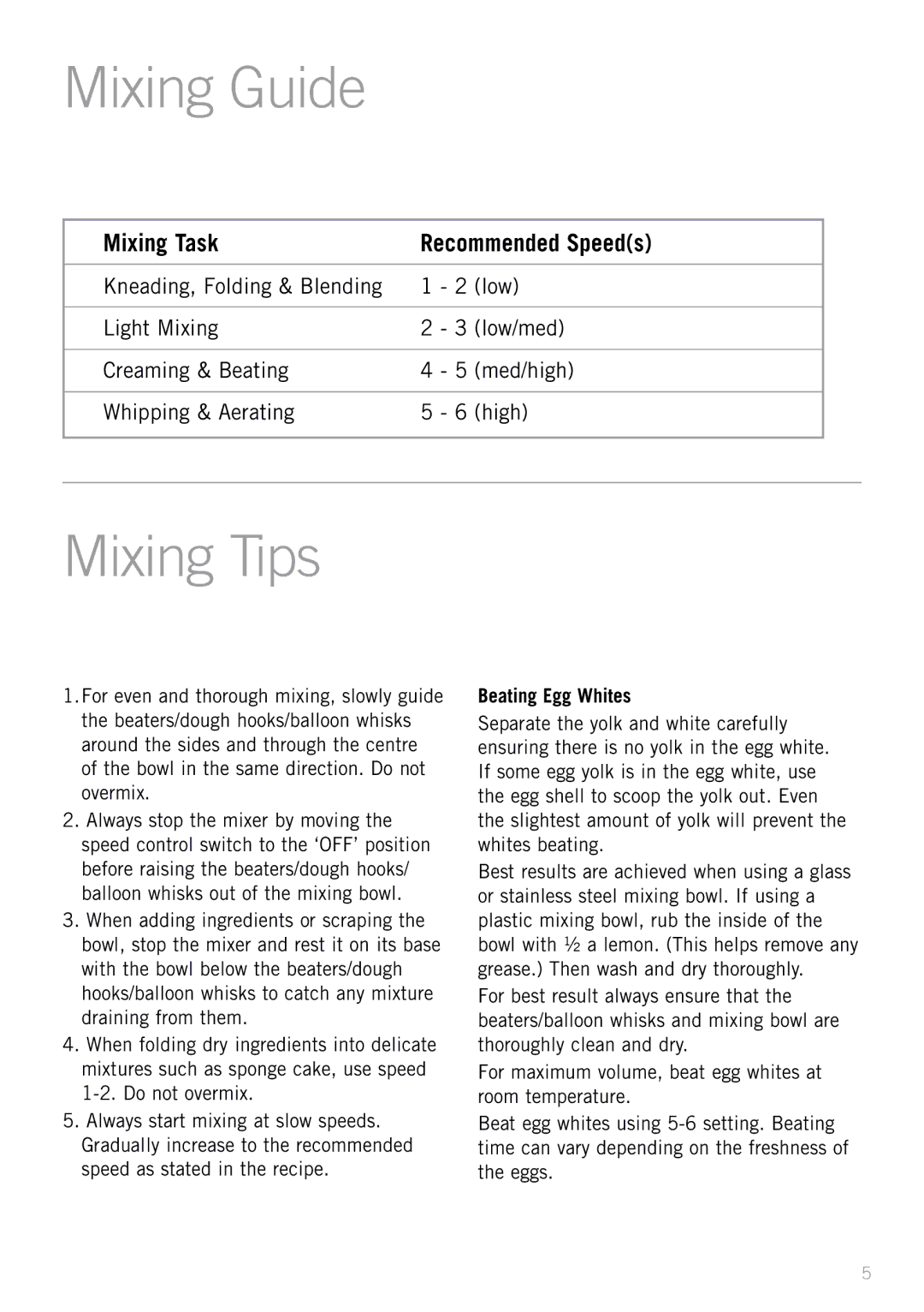 Sunbeam JM6600 manual Mixing Guide, Mixing Tips, Beating Egg Whites 