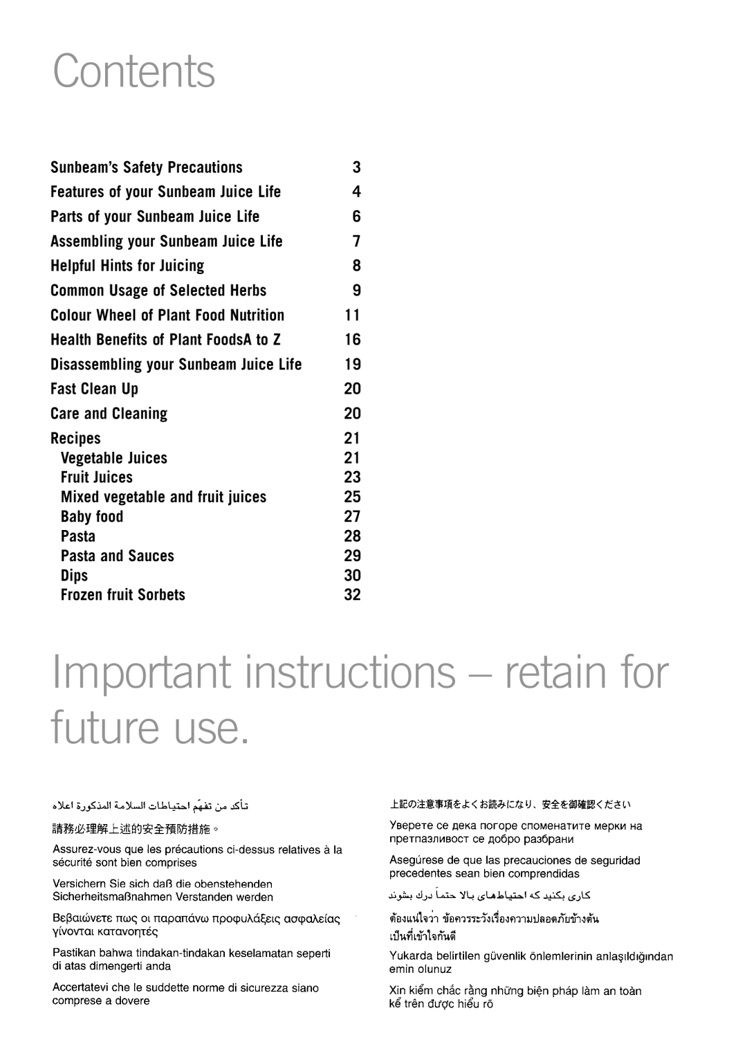 Sunbeam JS7300 manual Contents, Important instructions retain for future use 