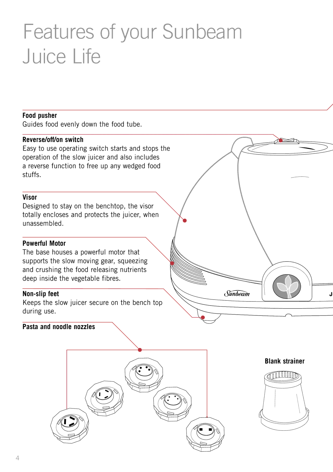 Sunbeam JS7300 manual Features of your Sunbeam Juice Life 