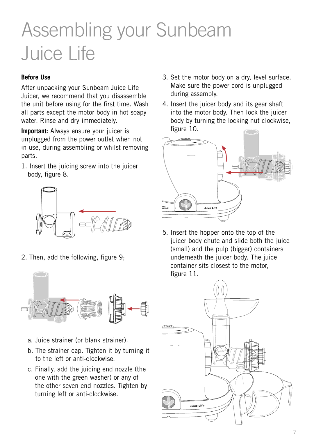 Sunbeam JS7300 manual Assembling your Sunbeam Juice Life, Before Use 