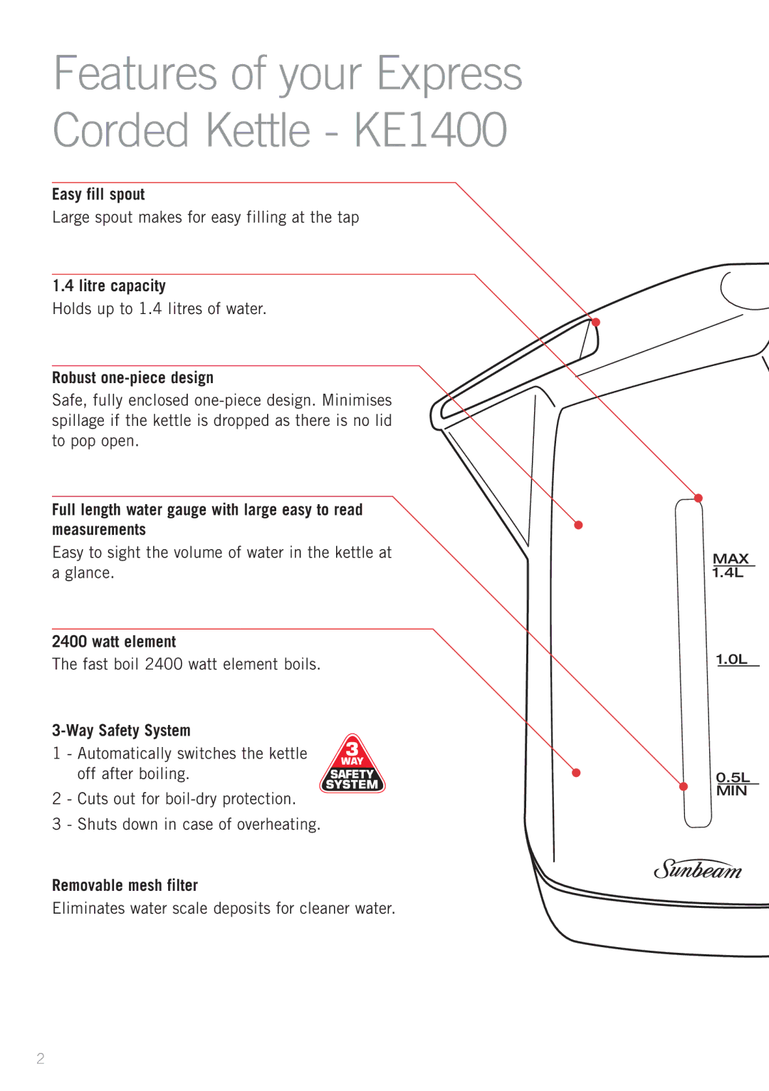 Sunbeam KE1400, KE1600B manual Easy fill spout, Litre capacity, Robust one-piece design, Watt element, Way Safety System 