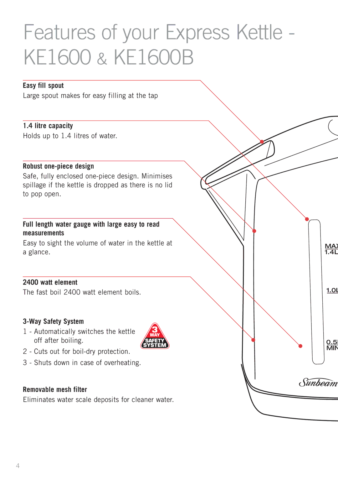 Sunbeam KE1400 manual Features of your Express Kettle KE1600 & KE1600B 