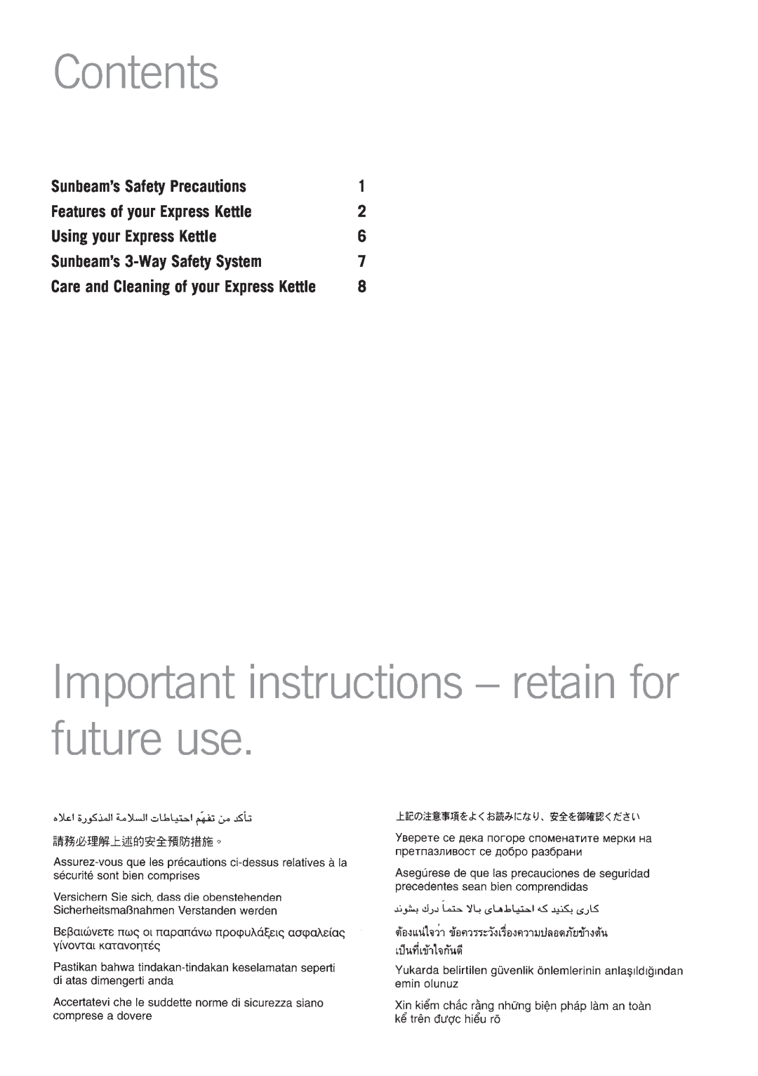 Sunbeam KE1600B, KE1400 manual Contents, Important instructions - retain for future use, Sunbeam’s Safety Precautions 
