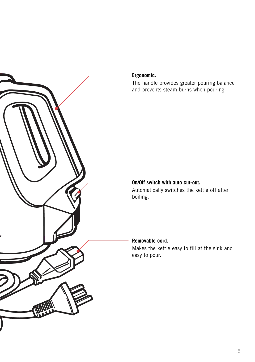 Sunbeam KE2100 manual Ergonomic, On/Off switch with auto cut-out, Removable cord 