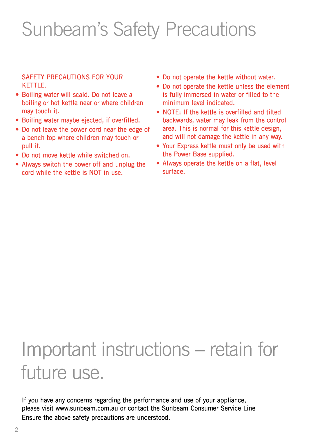 Sunbeam KE2100 manual Sunbeam’s Safety Precautions, Important instructions - retain for future use 