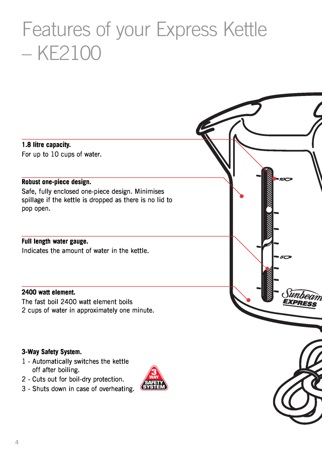 Sunbeam manual Features of your Express Kettle - KE2100, litre capacity, Robust one-piecedesign, Full length water gauge 