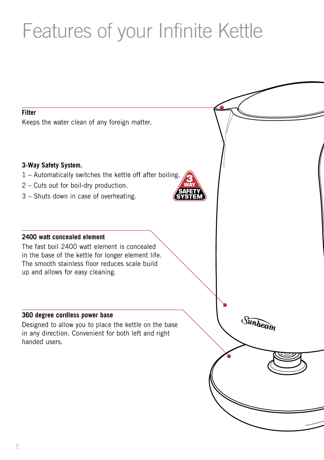 Sunbeam KE2200 manual Features of your Infinite Kettle, Filter, Way Safety System, Watt concealed element 