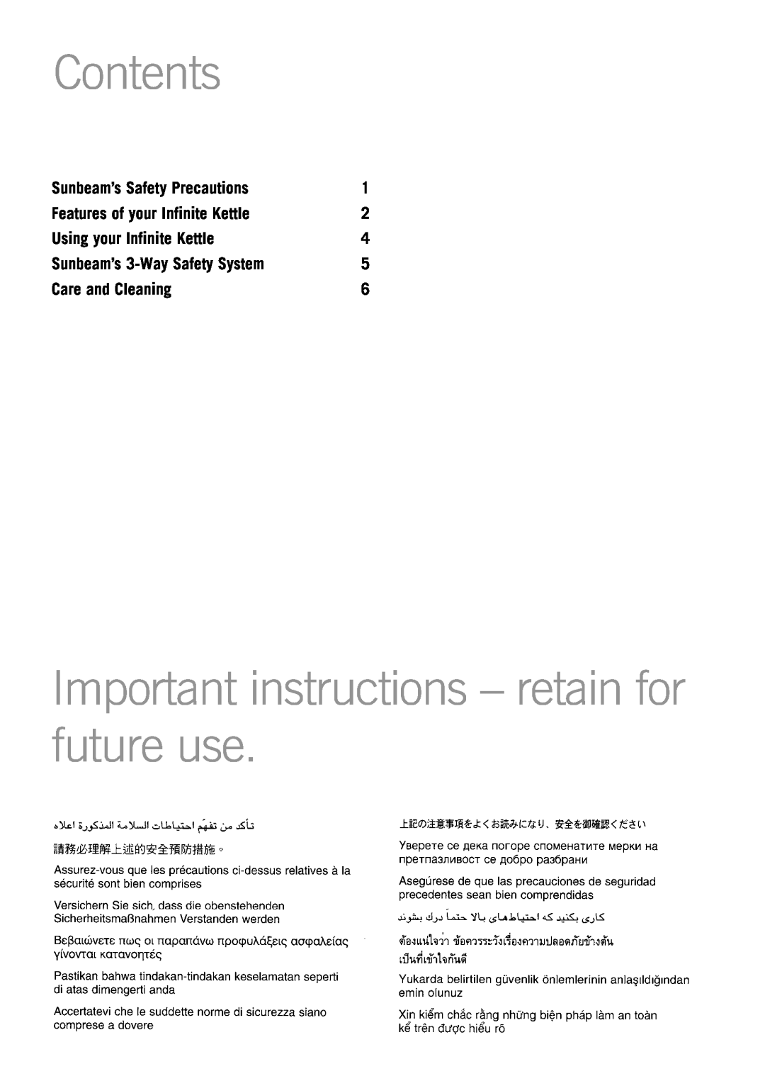 Sunbeam KE2200 Contents, Important instructions - retain for future use, Sunbeam’s Safety Precautions, Care and Cleaning 